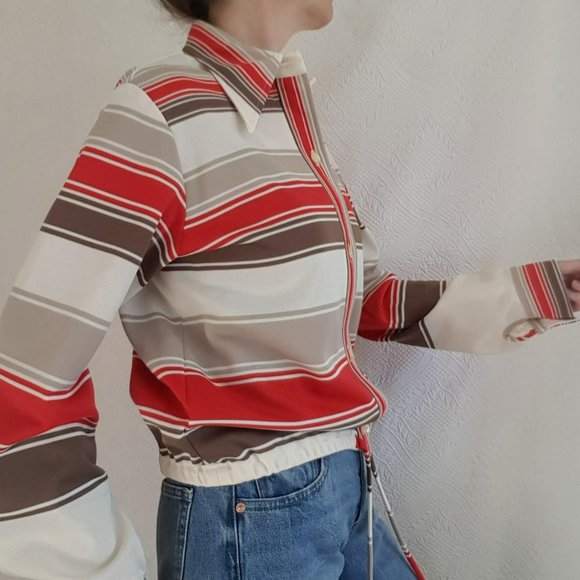 Vintage Polyester M L  Striped shirt Jacket 70s dagger collar button front - Picture 3 of 4